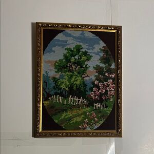 Vintage framed needlepoint country scene